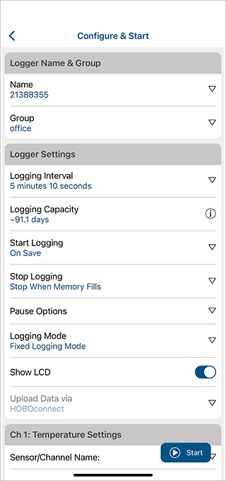 Phone screen view on HOBOconnect monitoring app showing data logger configurations