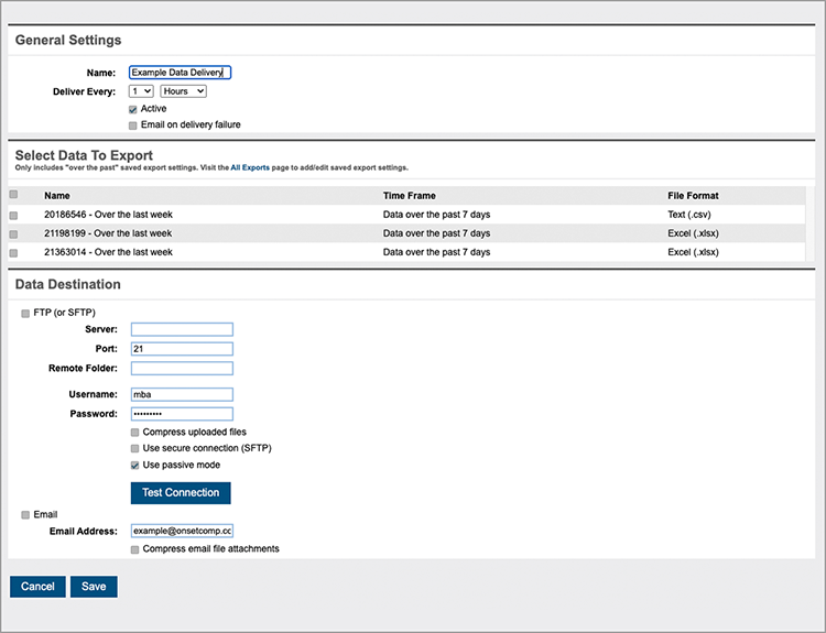 Sample view of data from HOBO data loggers as it appears on screen
