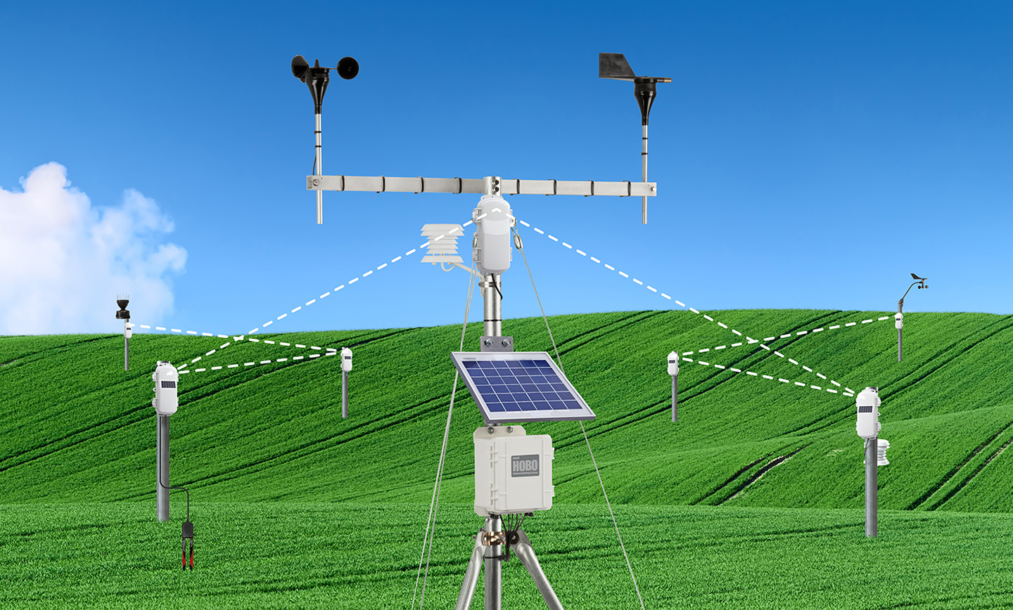HOBOnet outdoor sensor network and weather station in green field