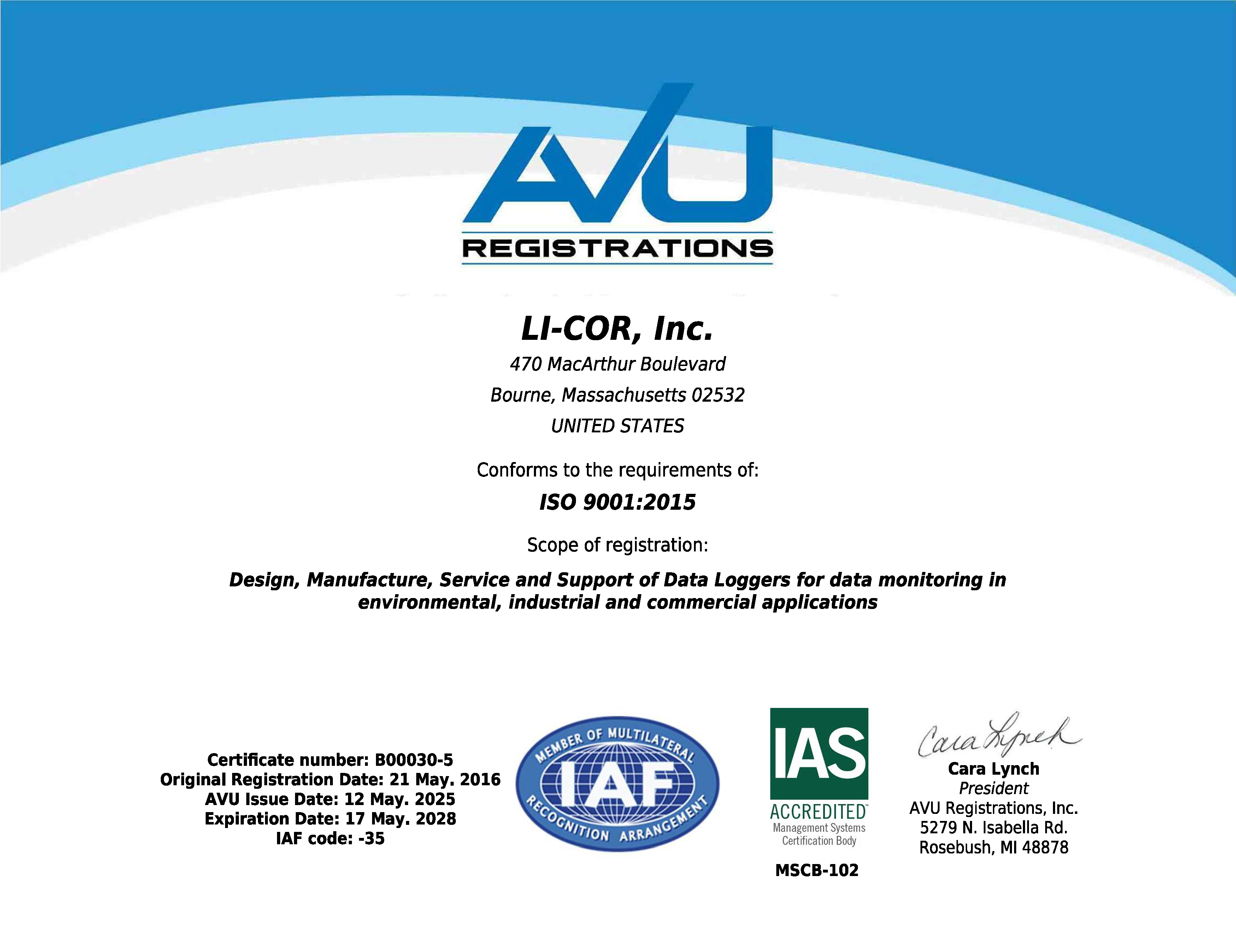 LI-COR Bourne ISO9001 Cert 17 May 2028