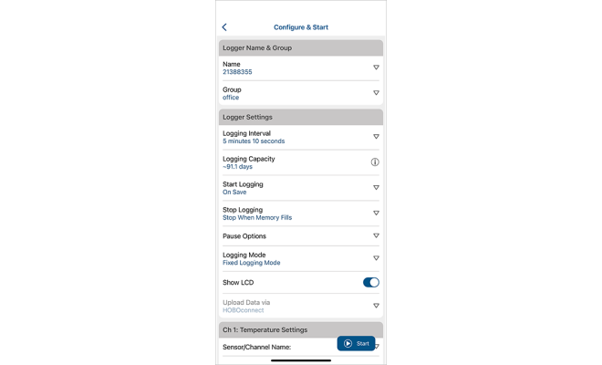 HOBOconnect configure and start screen