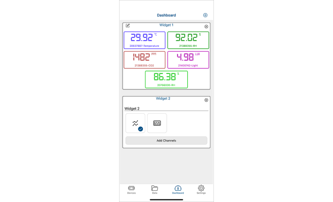 HOBOconnect mobile data monitoring app shows data on dashboard feature