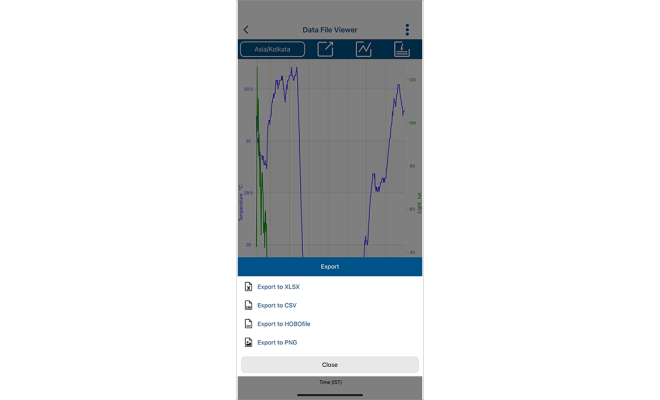 Mobile phone screen view of HOBOconnect mobile remote monitoring app exporting and sharing data loggers information