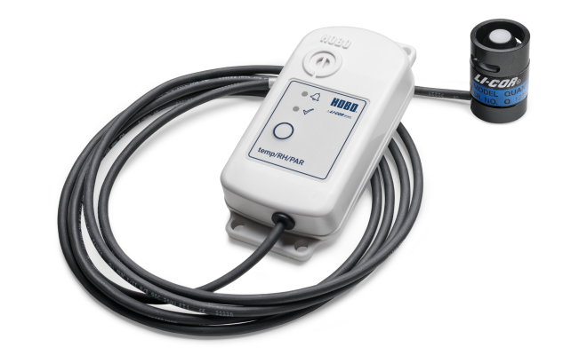 PAR sensor attached to a wireless temp/RH data logger by a cable