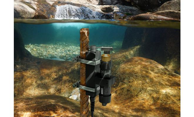 HOBO MX2502 in a stream, mounted on rebar