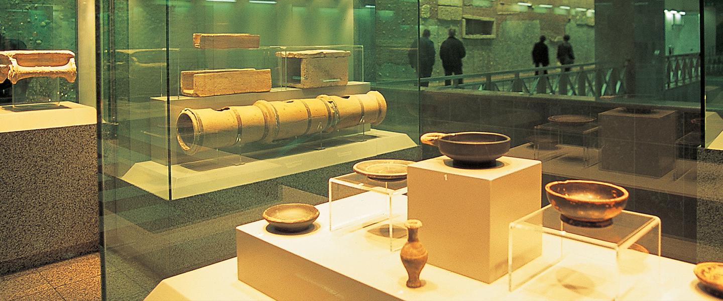 Inside a museum displaying ancient artifacts