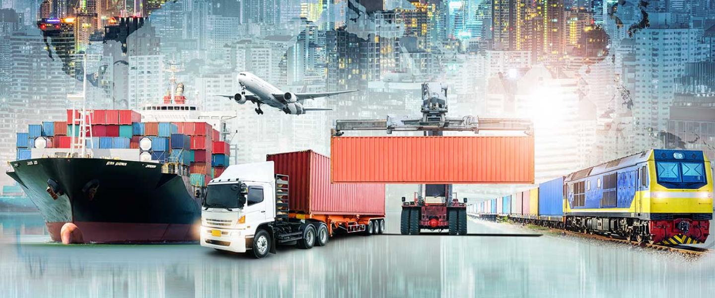 Different modes of transporation depicted including a ship, truck, airplane, and trains