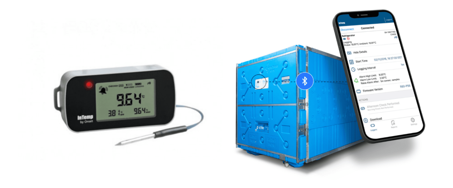 InTemp vaccine data logger with probe next to shipping container with mobile phone used for monitoring app 