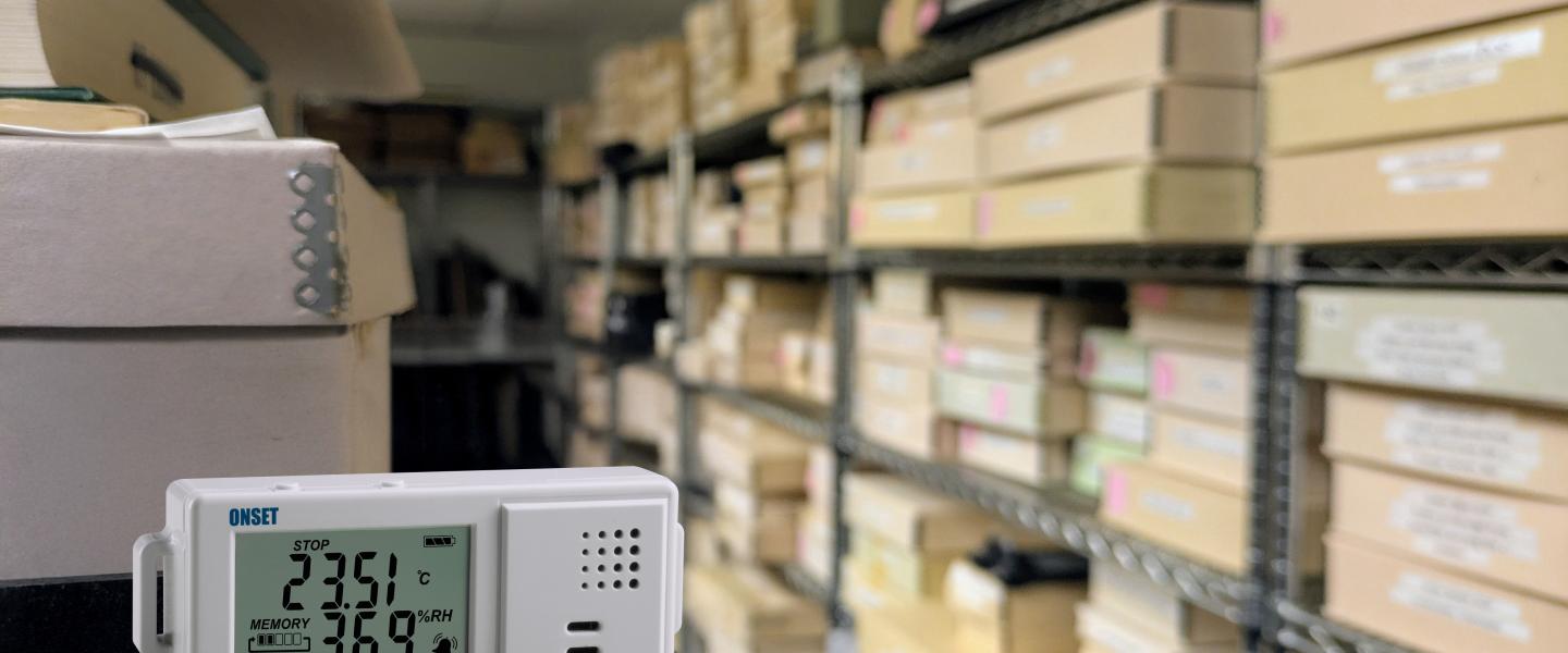 HOBO data logger monitoring temp and RH in storage environment
