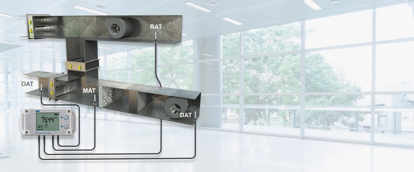 commercial building with air handler monitoring using data logger and temp sensors