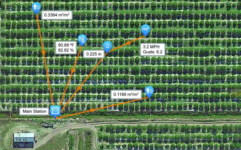map of crop shows monitoring station locations over large field area