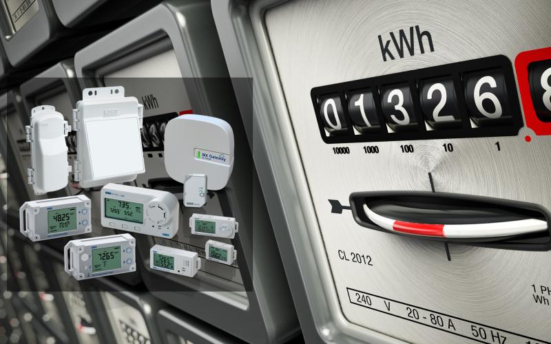 HOBO energy data loggers in the forefront and kWh measurement in the background