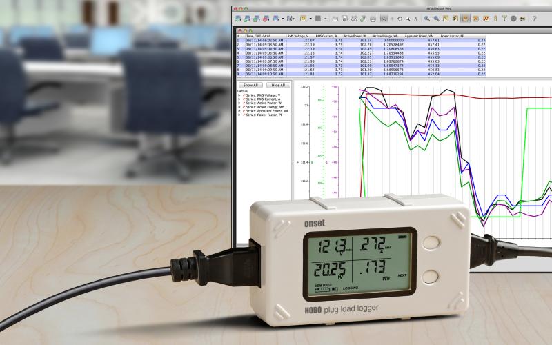 HOBO plug load logger on display in front of laptop