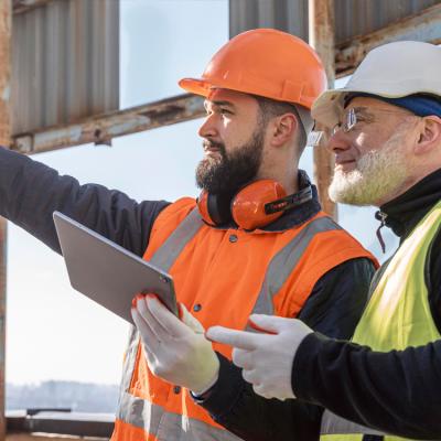 2 men in high-visibility safety gear and construction helmets looking at something in the distance, one of them pointing at something and holding a tablet computer.