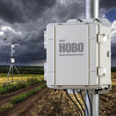 HOBO RX3000 monitoring station in a corn field during a storm