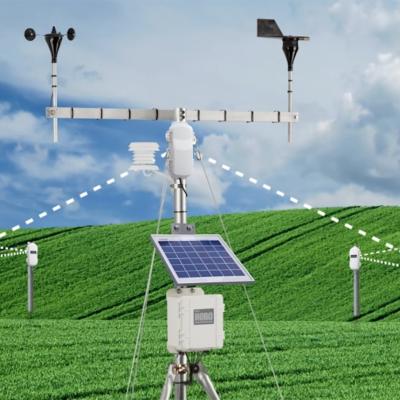 Weather station and sensors installed in an open green field
